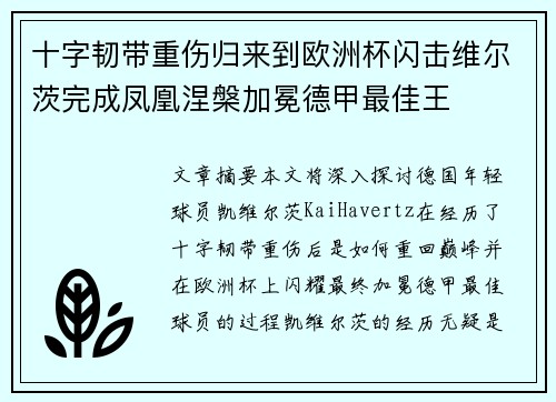 十字韧带重伤归来到欧洲杯闪击维尔茨完成凤凰涅槃加冕德甲最佳王