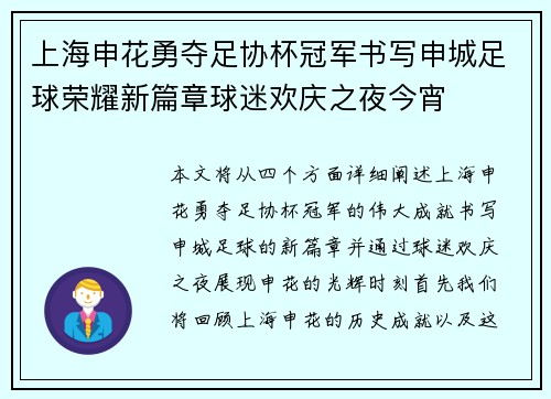 上海申花勇夺足协杯冠军书写申城足球荣耀新篇章球迷欢庆之夜今宵 上海申花勇夺足协杯冠军书写申城足球荣耀新篇章球迷欢庆之夜今宵