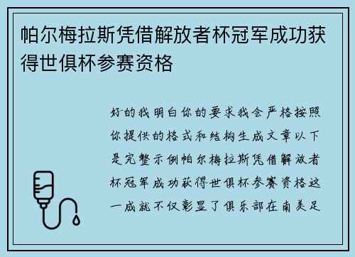 帕尔梅拉斯凭借解放者杯冠军成功获得世俱杯参赛资格